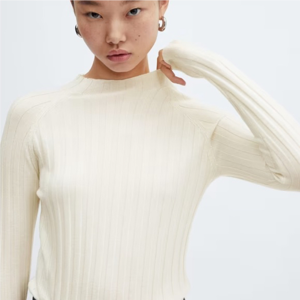 Mango Ribbed Mock Neck cream Sweater